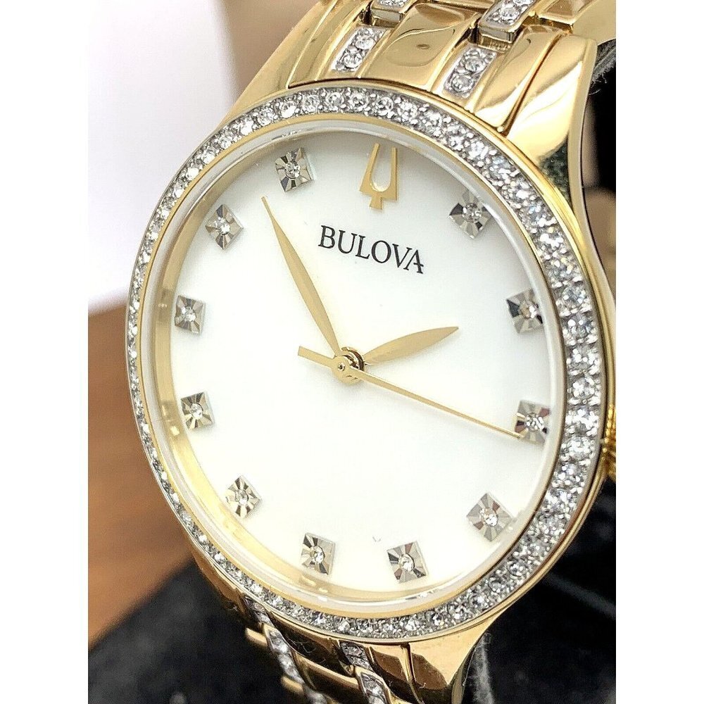 Bulova Women's Watch 98X119 Gold Tone Crystal Accent Mother of Pearl Whi…